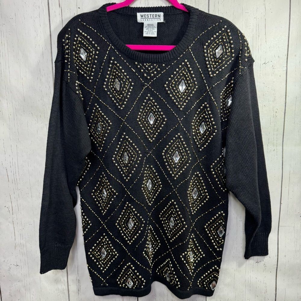 Western Connection Black Embellished Sweater M Vintage Glam Statement Knitwear